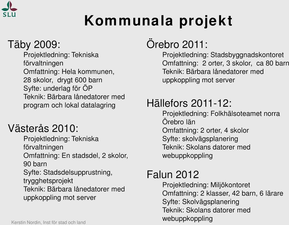 mot server Örebro 2011: Projektledning: Stadsbyggnadskontoret Omfattning: 2 orter, 3 skolor, ca 80 barn Teknik: Bärbara lånedatorer med uppkoppling mot server Hällefors 2011-12: Projektledning: