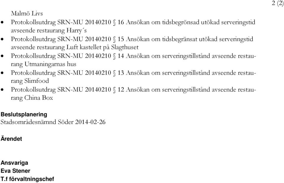 restaurang Utmaningarnas hus Protokollsutdrag SRN-MU 20140210 13 Ansökan om serveringstillstånd avseende restaurang Slimfood Protokollsutdrag SRN-MU 20140210 12