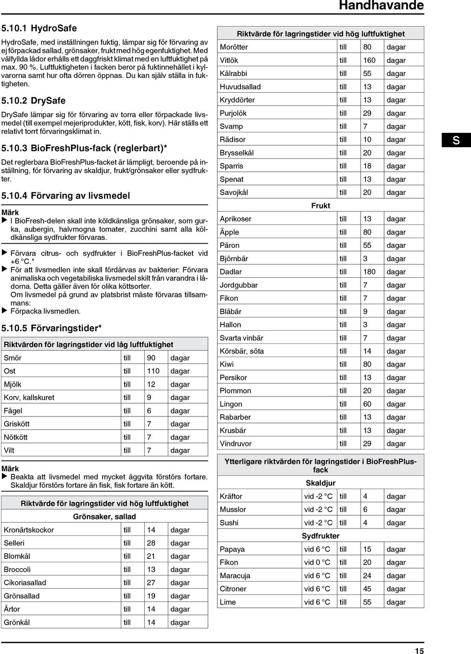 Du kan själv ställa in fuktigheten. 5.10.2 DrySafe DrySafe lämpar sig för förvaring av torra eller förpackade livsmedel (till exempel mejeriprodukter, kött, fisk, korv).