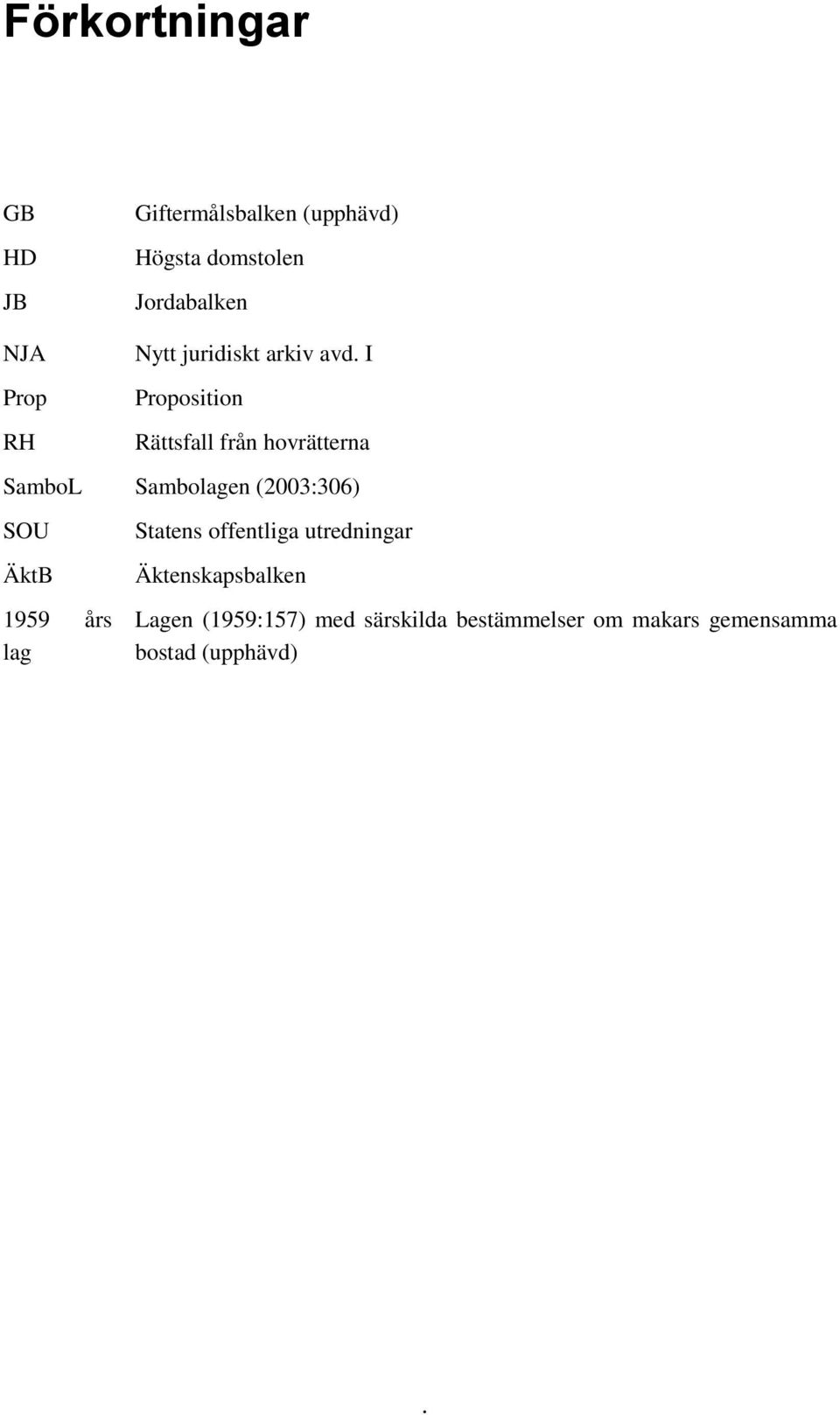 I Proposition Rättsfall från hovrätterna SamboL Sambolagen (2003:306) SOU ÄktB 1959