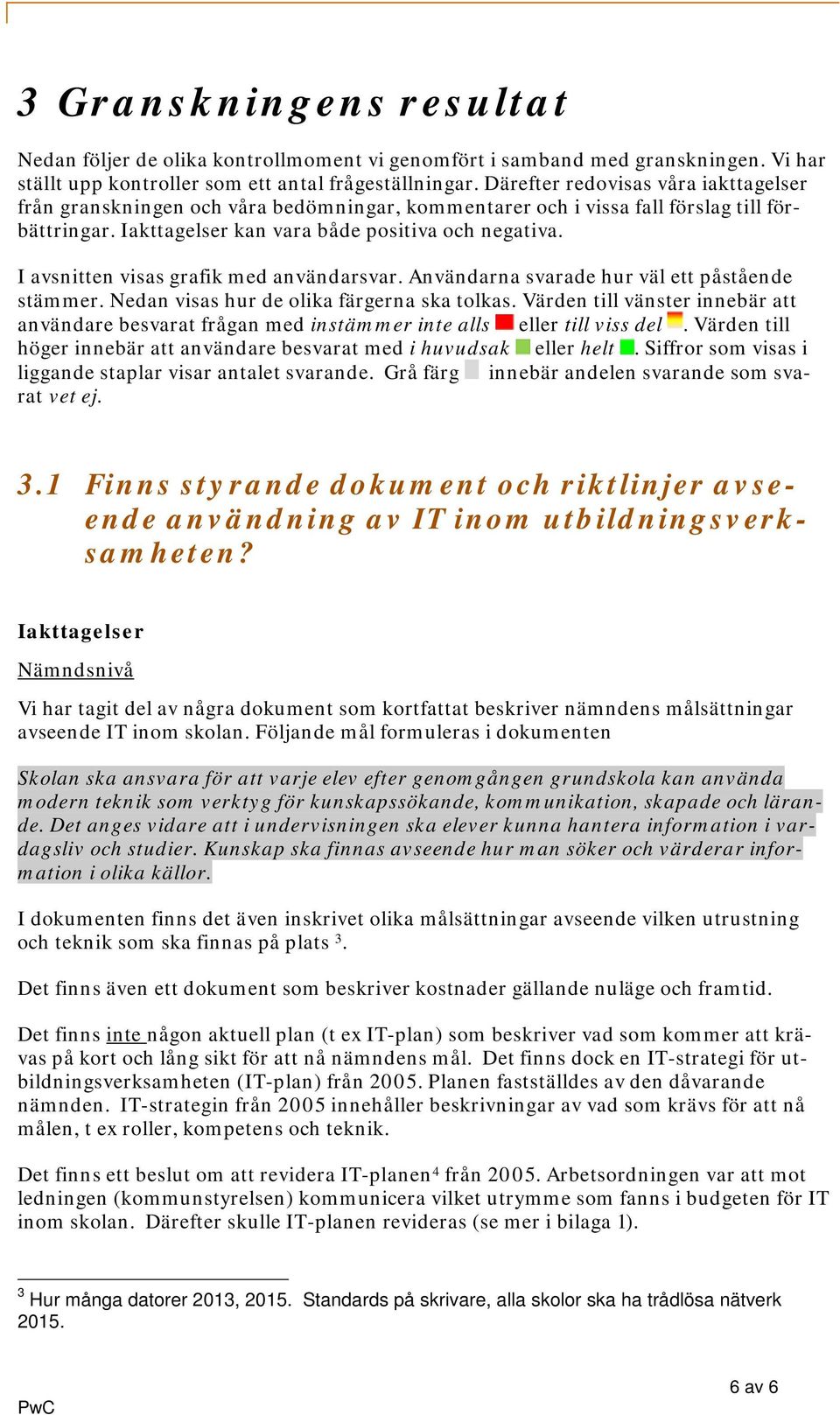 I avsnitten visas grafik med användarsvar. Användarna svarade hur väl ett påstående stämmer. Nedan visas hur de olika färgerna ska tolkas.