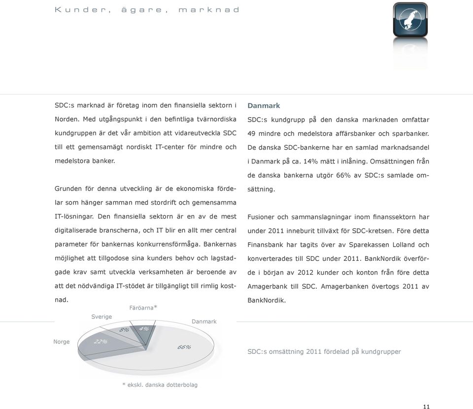 Danmark SDC:s kundgrupp på den danska marknaden omfattar 49 mindre och medelstora affärsbanker och sparbanker. De danska SDC-bankerne har en samlad marknadsandel i Danmark på ca. 14% mätt i inlåning.