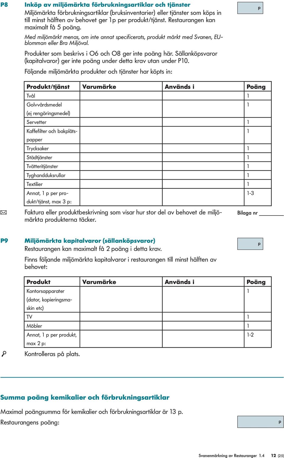 Sällankösvaror (kaitalvaror) ger inte oäng under detta krav utan under P10.