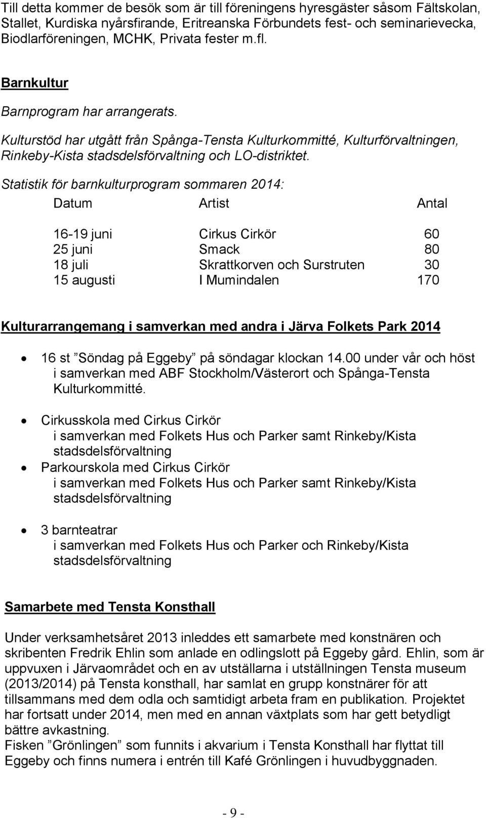 Statistik för barnkulturprogram sommaren 2014: Datum Artist Antal 16-19 juni Cirkus Cirkör 60 25 juni Smack 80 18 juli Skrattkorven och Surstruten 30 15 augusti I Mumindalen 170 Kulturarrangemang i