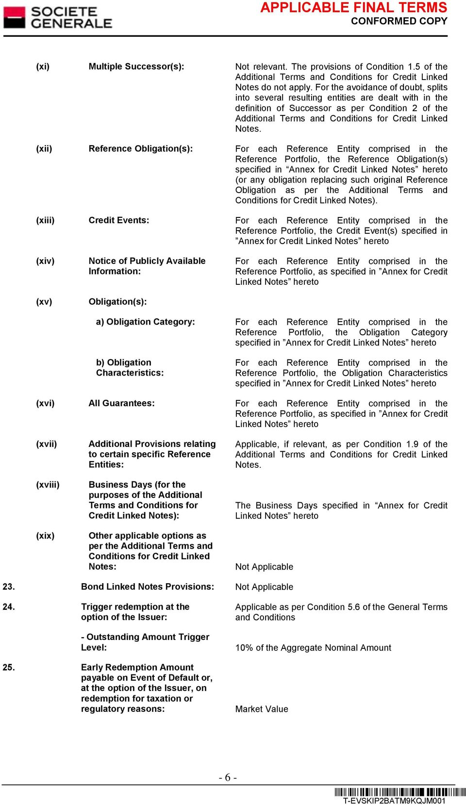 (xii) Reference Obligation(s): For each Reference Entity comprised in the Reference Portfolio, the Reference Obligation(s) specified in Annex for Credit Linked Notes hereto (or any obligation