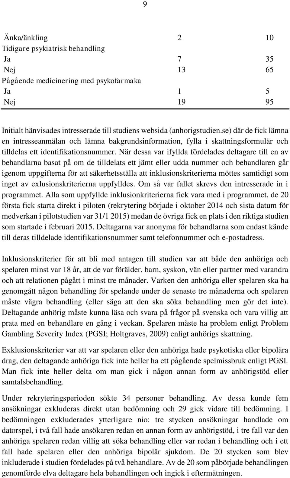 När dessa var ifyllda fördelades deltagare till en av behandlarna basat på om de tilldelats ett jämt eller udda nummer och behandlaren går igenom uppgifterna för att säkerhetsställa att