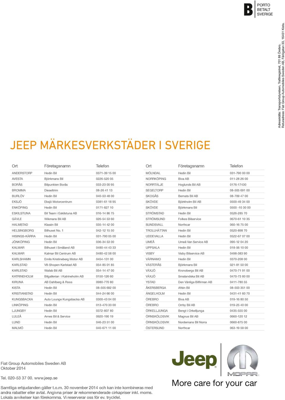 Hedin Bil 040-53 48 00 EKSJÖ Eksjö Motorcentrum 0381-61 18 95 ENKÖPING Hedin Bil 0171-827 10 ESKILSTUNA Bil Team i Eskilstuna AB 016-14 86 75 GÄVLE Wikmans Bil AB 026-54 53 60 HALMSTAD Klasén Bil