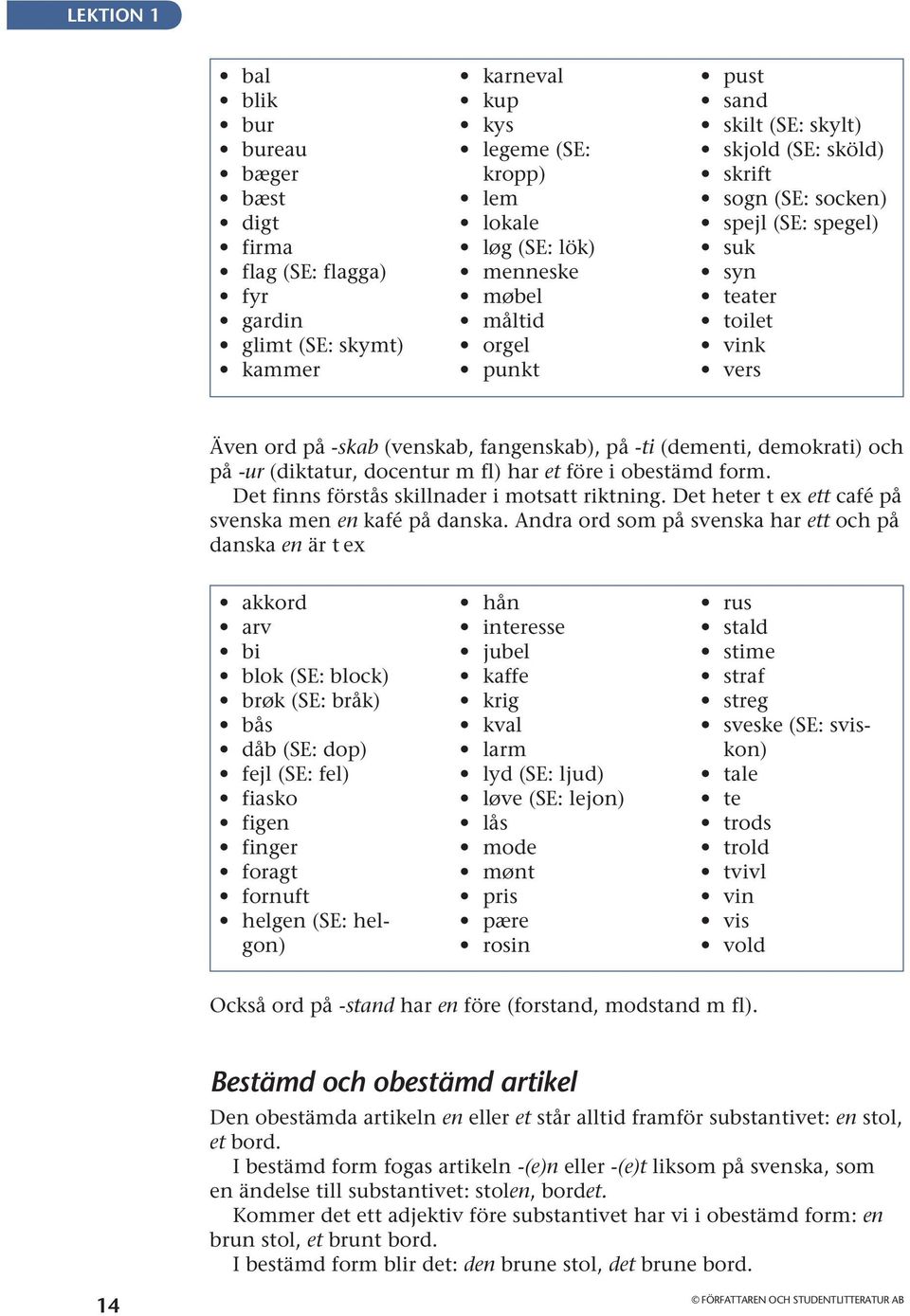 (diktatur, docentur m fl) har et före i obestämd form. Det finns förstås skillnader i motsatt riktning. Det heter t ex ett café på svenska men en kafé på danska.