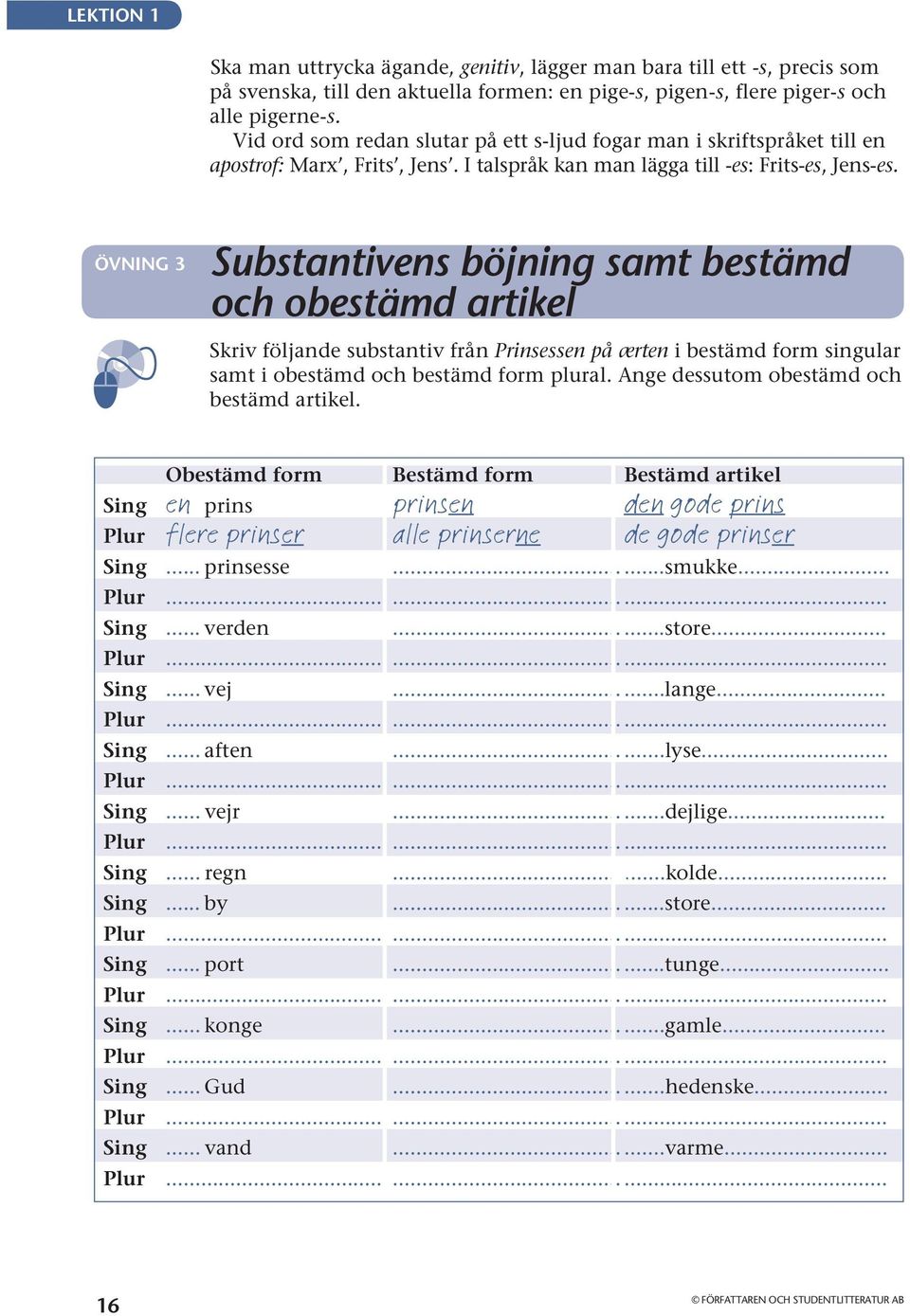 ÖVNING 3 Substantivens böjning samt bestämd och obestämd artikel Skriv följande substantiv från Prinsessen på ærten i bestämd form singular samt i obestämd och bestämd form plural.