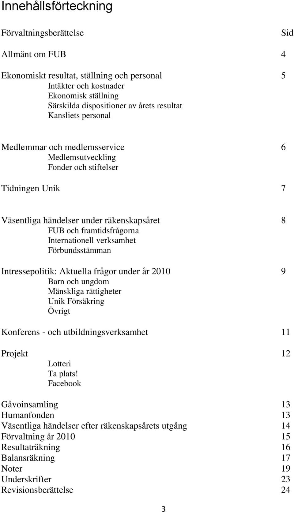 verksamhet Förbundsstämman Intressepolitik: Aktuella frågor under år 2010 9 Barn och ungdom Mänskliga rättigheter Unik Försäkring Övrigt Konferens - och utbildningsverksamhet 11 Projekt 12 Lotteri Ta