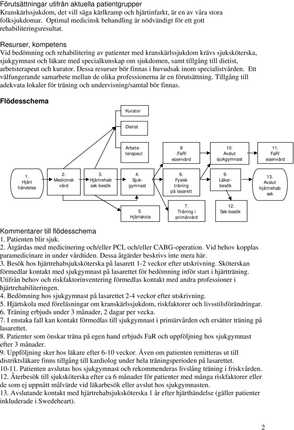 Resurser, kompetens Vid bedömning och rehabilitering av patienter med kranskärlssjukdom krävs sjuksköterska, sjukgymnast och läkare med specialkunskap om sjukdomen, samt tillgång till dietist,