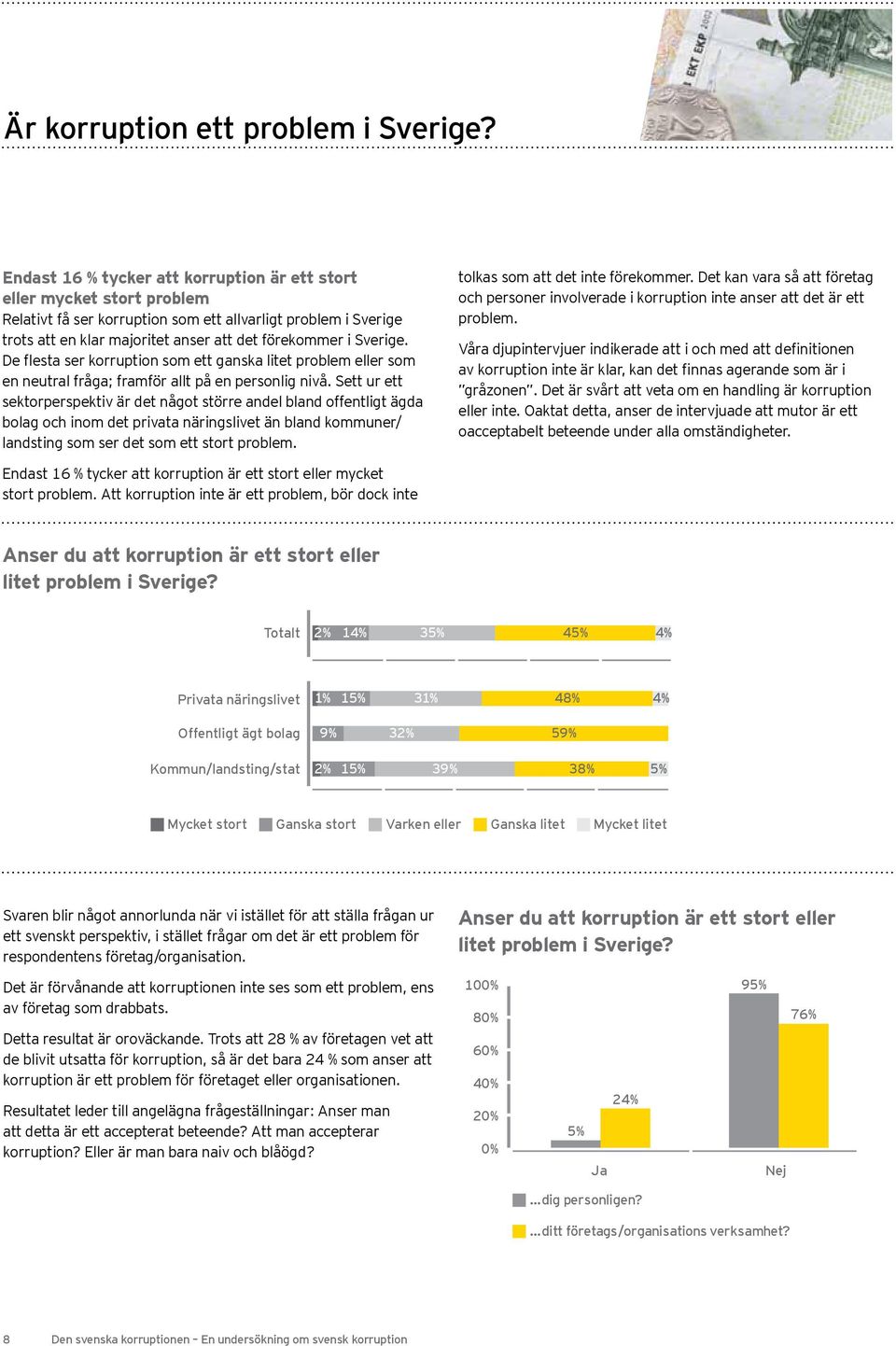 Sverige. De flesta ser korruption som ett ganska litet problem eller som en neutral fråga; framför allt på en personlig nivå.