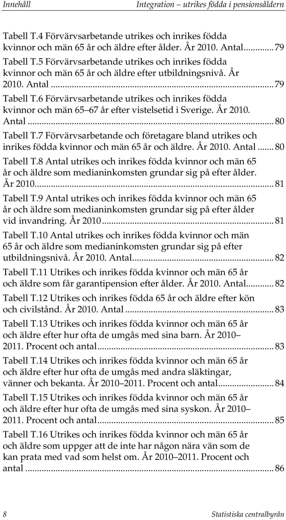 6 Förvärvsarbetande utrikes och inrikes födda kvinnor och män 65 67 år efter vistelsetid i Sverige. År 2010. Antal... 80 Tabell T.