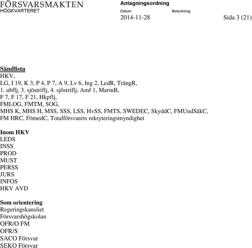 sjöstriflj, Amf 1, MarinB, F 7, F 17, F 21, Hkpflj, FMLOG, FMTM, SOG, MHS K, MHS H, MSS, SSS, LSS, HvSS, FMTS,