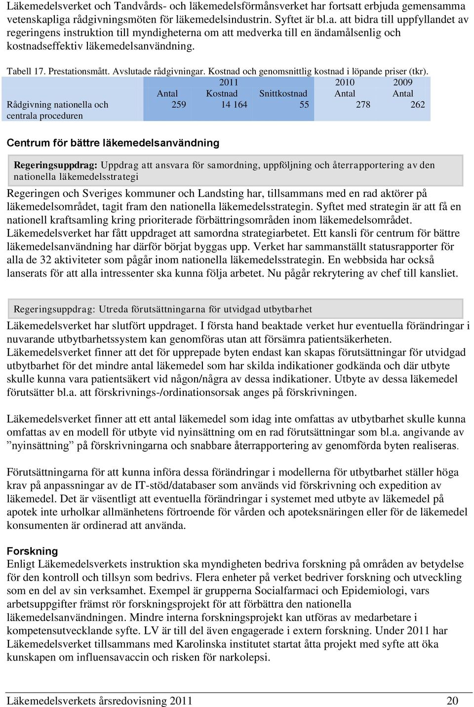 2011 2010 2009 Antal Kostnad Snittkostnad Antal Antal Rådgivning nationella och centrala proceduren 259 14 164 55 278 262 Centrum för bättre läkemedelsanvändning Regeringsuppdrag: Uppdrag att ansvara