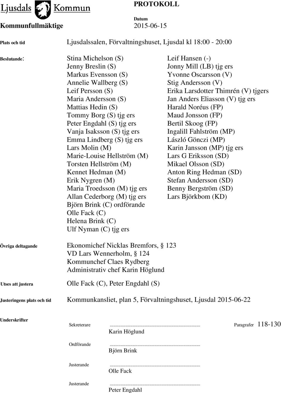 (S) tjg ers Maud Jonsson (FP) Peter Engdahl (S) tjg ers Bertil Skoog (FP) Vanja Isaksson (S) tjg ers Ingalill Fahlström (MP) Emma Lindberg (S) tjg ers László Gönczi (MP) Lars Molin (M) Karin Jansson