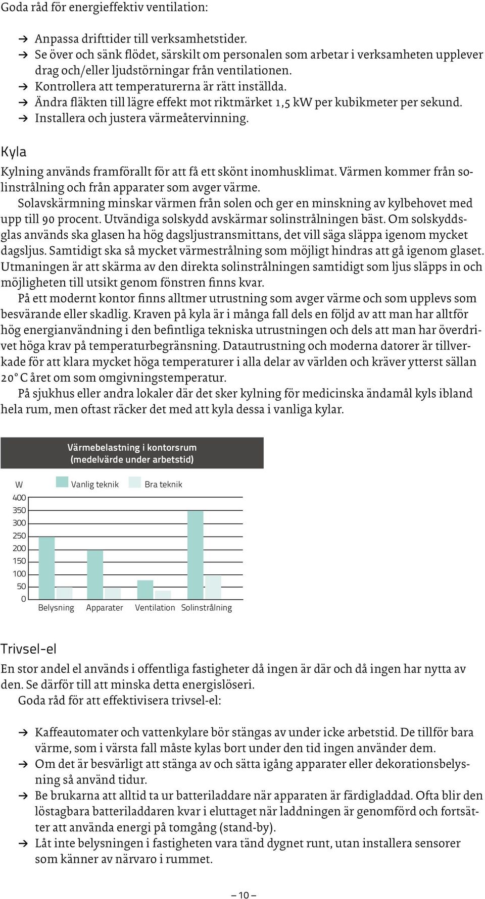 Ändra fläkten till lägre effekt mot riktmärket 1,5 kw per kubikmeter per sekund. Installera och justera värmeåtervinning. Kylning används framförallt för att få ett skönt inomhusklimat.