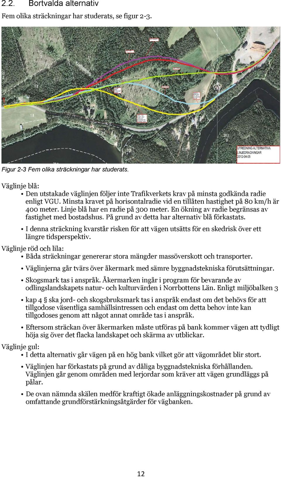 Linje blå har en radie på 300 meter. En ökning av radie begränsas av fastighet med bostadshus. På grund av detta har alternativ blå förkastats.