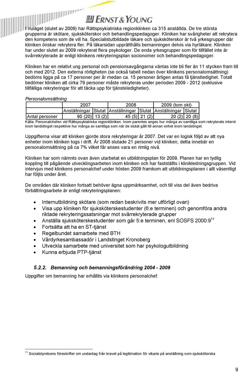 På läkarsidan upprätthålls bemanningen delvis via hyrläkare. Kliniken har under slutet av 2009 rekryterat flera psykologer.