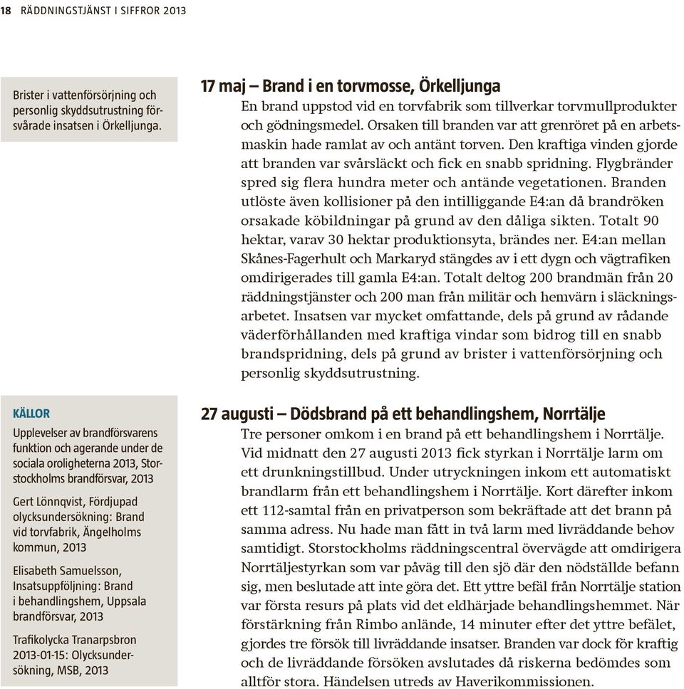 Ängelholms kommun, 2013 Elisabeth Samuelsson, Insatsuppföljning: Brand i behandlingshem, Uppsala brandförsvar, 2013 Trafikolycka Tranarpsbron 2013-01-15: Olycksundersökning, MSB, 2013 17 maj Brand i