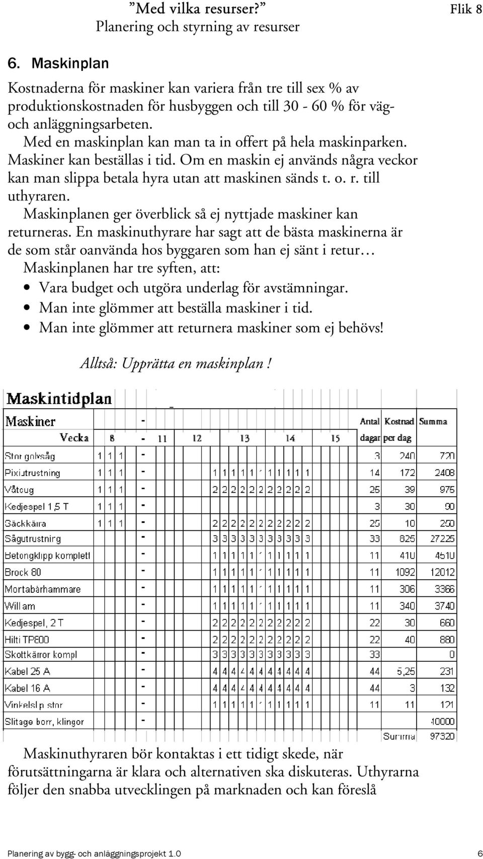 till uthyraren. Maskinplanen ger överblick så ej nyttjade maskiner kan returneras.