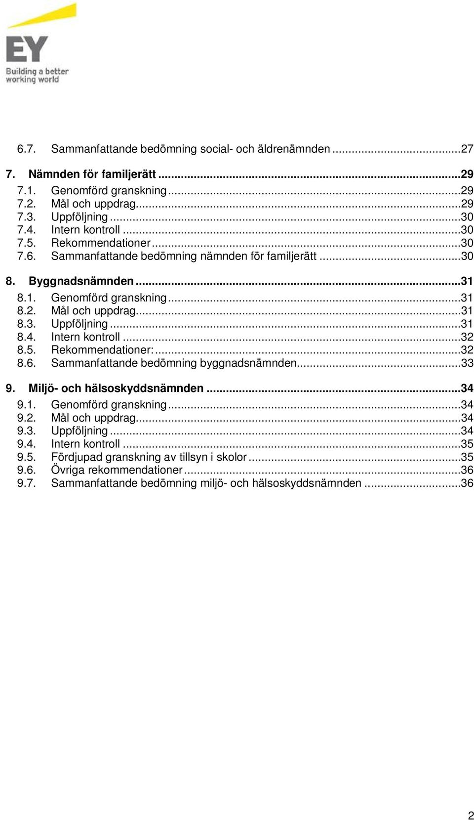 Intern kontroll...32 8.5. Rekommendationer:...32 8.6. Sammanfattande bedömning byggnadsnämnden...33 9. Miljö- och hälsoskyddsnämnden...34 9.1. Genomförd granskning...34 9.2. Mål och uppdrag...34 9.3. Uppföljning.