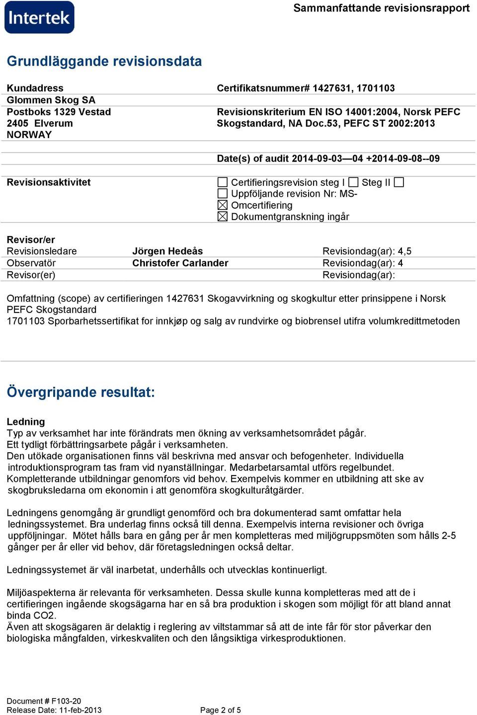 ingår Revisor/er Revisionsledare Jörgen Hedeås Revisiondag(ar): 4,5 Observatör Christofer Carlander Revisiondag(ar): 4 Revisor(er) Revisiondag(ar): Omfattning (scope) av certifieringen 1427631