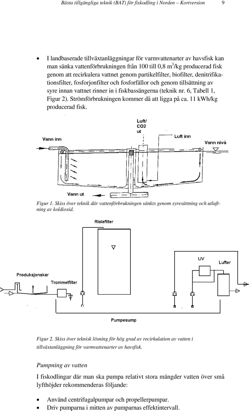 fiskbassängerna (teknik nr. 6, Tabell 1, Figur 2). Strömförbrukningen kommer då att ligga på ca. 11 kwh/kg producerad fisk. Figur 1.