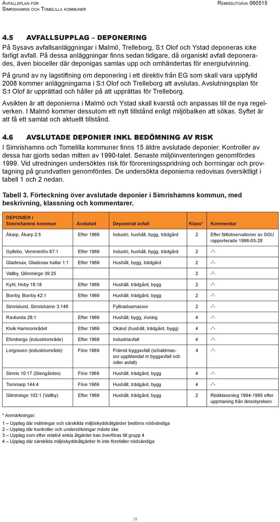 På grund av ny lagstiftning om deponering i ett direktiv från EG som skall vara uppfylld 2008 kommer anläggningarna i S:t Olof och Trelleborg att avslutas.