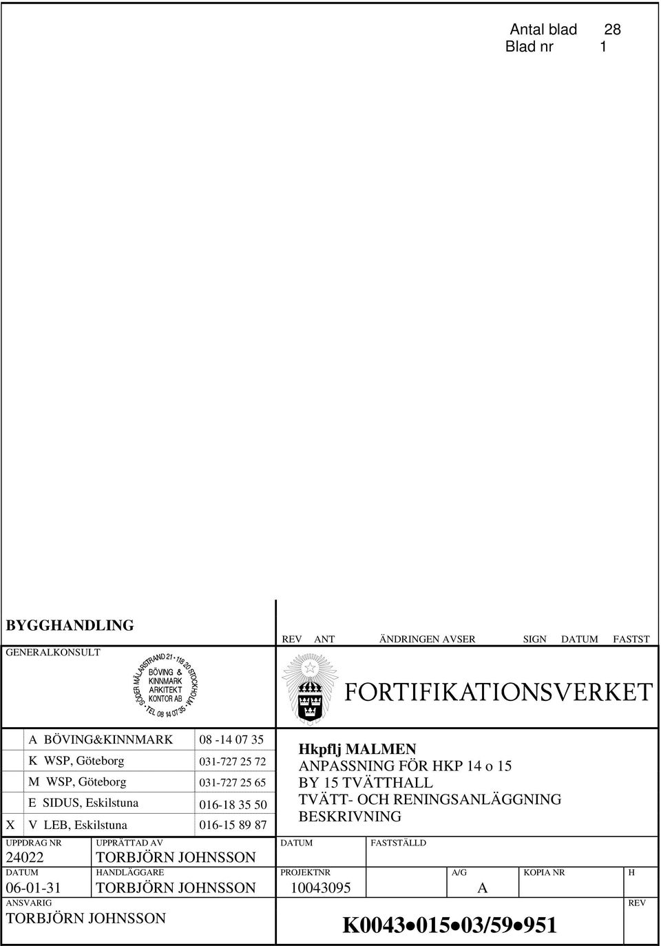 ANPASSNING FÖR HKP 14 o 15 BY 15 TVÄTTHALL TVÄTT- OCH RENINGSANLÄGGNING BESKRIVNING UPPDRAG NR UPPRÄTTAD AV DATUM FASTSTÄLLD 24022