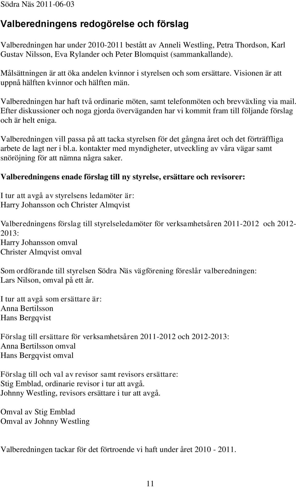 Valberedningen har haft två ordinarie möten, samt telefonmöten och brevväxling via mail. Efter diskussioner och noga gjorda överväganden har vi kommit fram till följande förslag och är helt eniga.