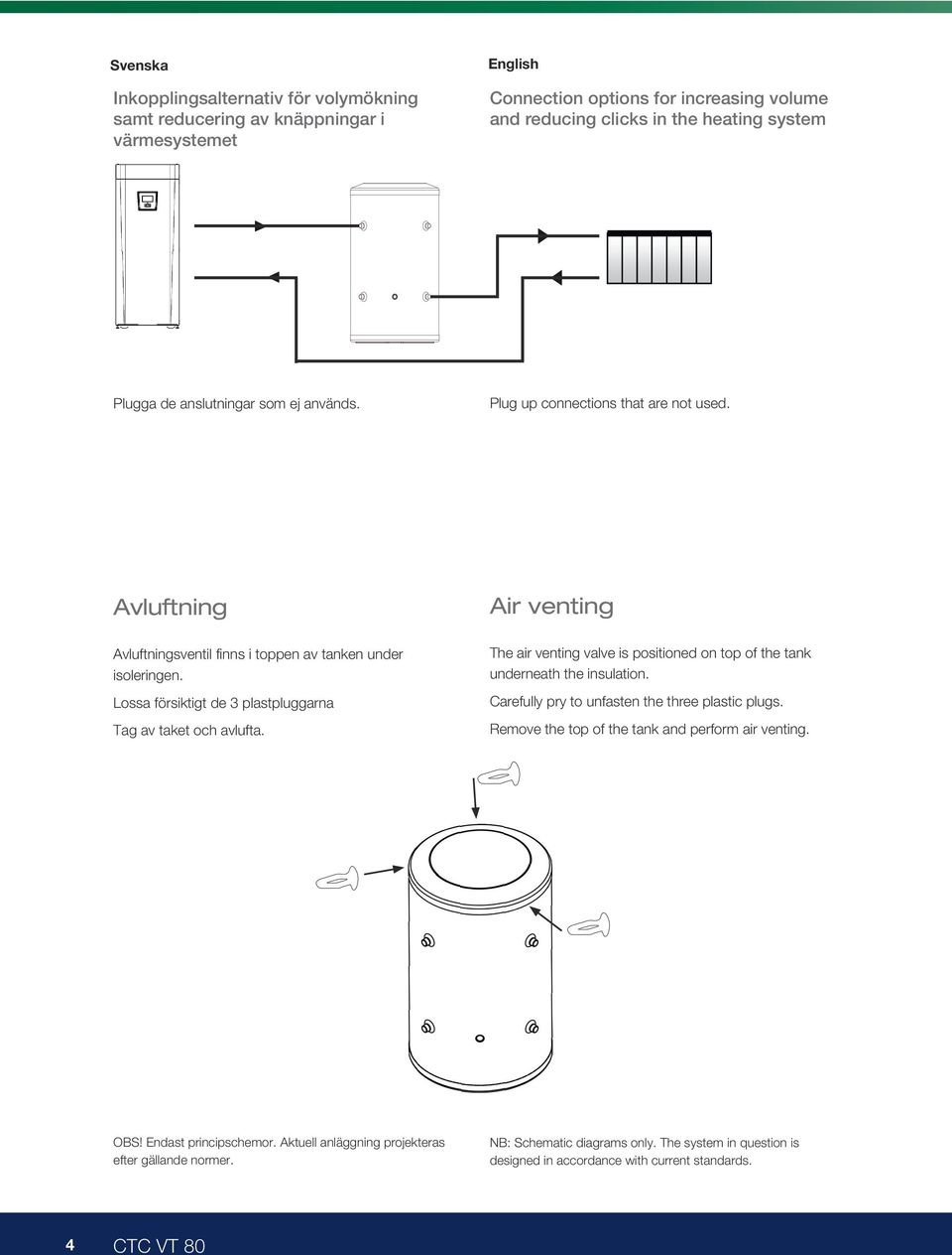 Lossa försiktigt de 3 plastpluggarna Tag av taket och avlufta. Air venting The air venting valve is positioned on top of the tank underneath the insulation.