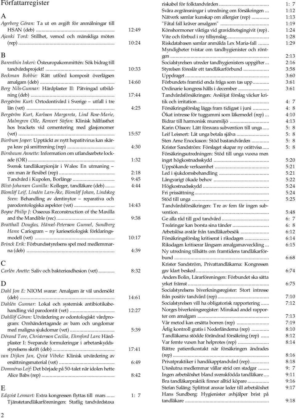 .. 14:60 Berg Nils-Gunnar: Härdplaster II: Påtvingad utbildning (deb)... 17:44 Bergström Kurt: Ortodontivård i Sverige utfall i tre län (vet).