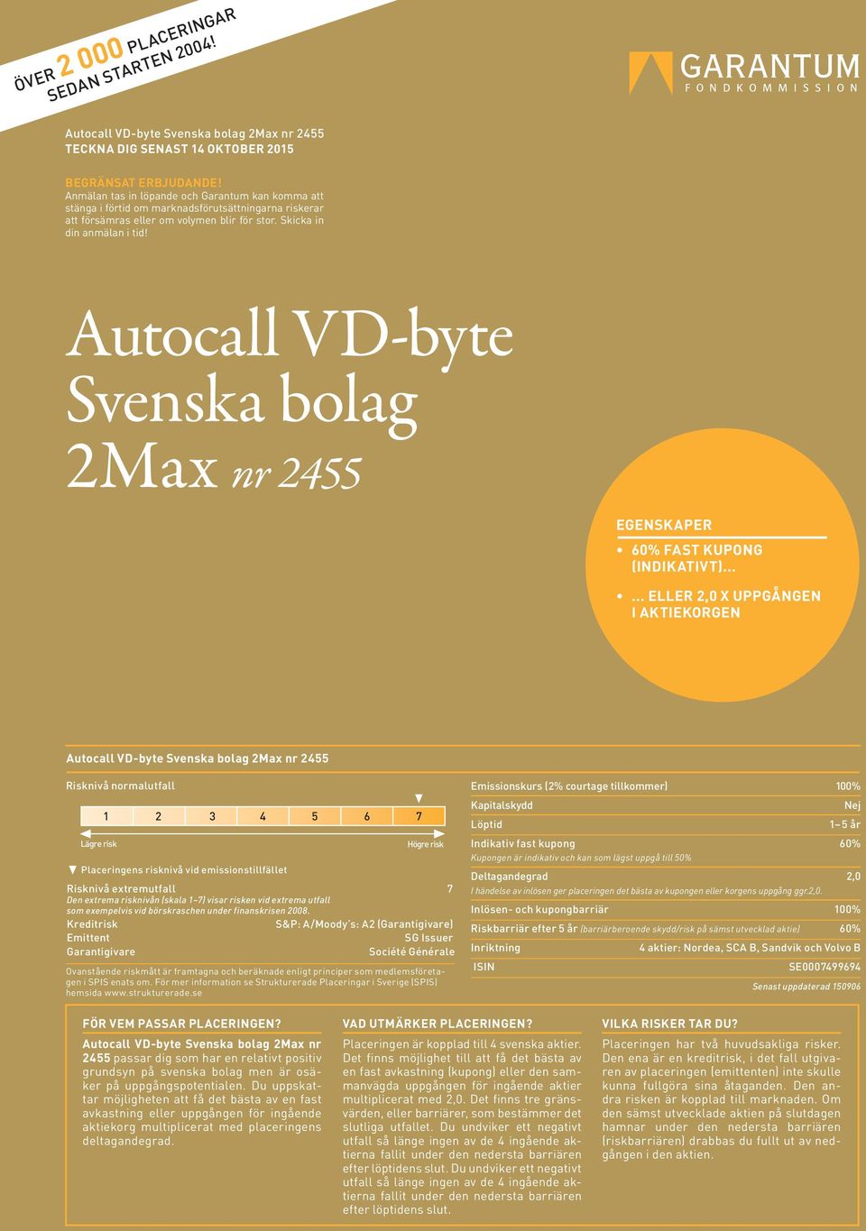 Autocall VD-byte Svenska bolag 2Max nr 2455 EGENSKAPER 60% FAST KUPONG (INDIKATIVT).