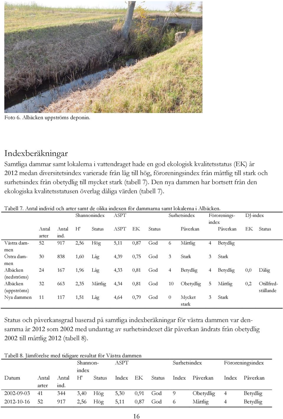 till stark och surhetsindex från obetydlig till mycket stark (tabell 7). Den nya dammen har bortsett från den ekologiska kvalitetsstatusen överlag dåliga värden (tabell 7). Tabell 7.