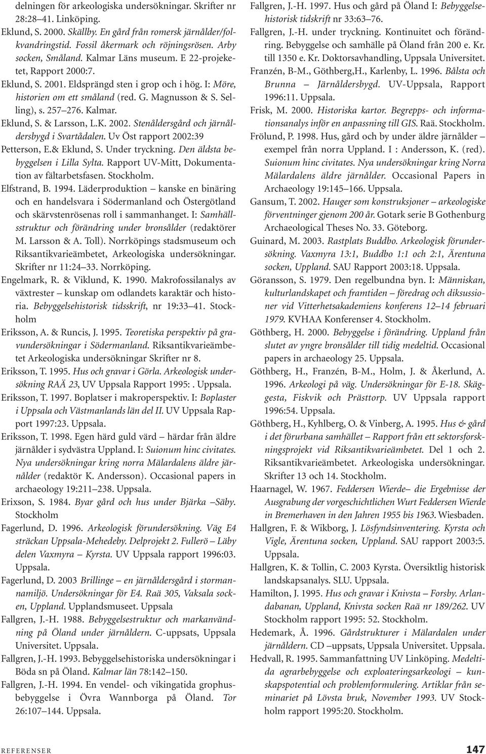 257 276. Kalmar. Eklund, S. & Larsson, L.K. 2002. Stenåldersgård och järnåldersbygd i Svartådalen. Uv Öst rapport 2002:39 Petterson, E.& Eklund, S. Under tryckning.