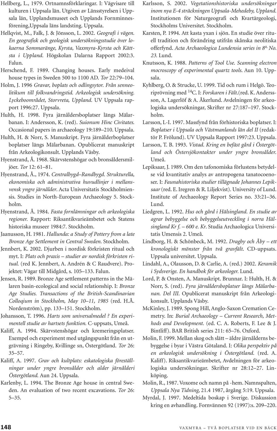 Högskolan Dalarna Rapport 2002:3. Falun. Herschend, F. 1989. Changing houses. Early medeival house types in Sweden 500 to 1100 AD. Tor 22:79 104. Holm, J. 1996 Gravar, boplats och odlingsytor.