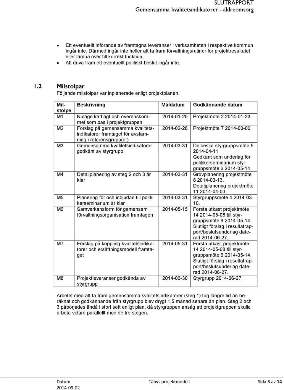 2 Milstolpar Följande milstolpar var inplanerade enligt projektplanen: Milstolpe M1 M2 M3 M4 M5 M6 M7 M8 Beskrivning Måldatum Godkännande datum Nuläge kartlagt och överenskommet som bas i