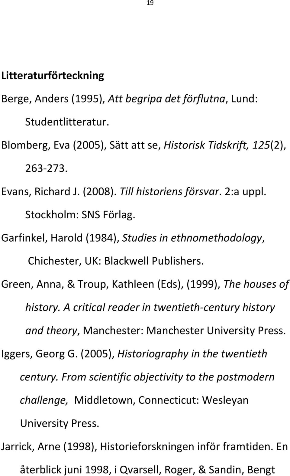 Green, Anna, & Troup, Kathleen (Eds), (1999), The houses of history. A critical reader in twentieth-century history and theory, Manchester: Manchester University Press. Iggers, Georg G.