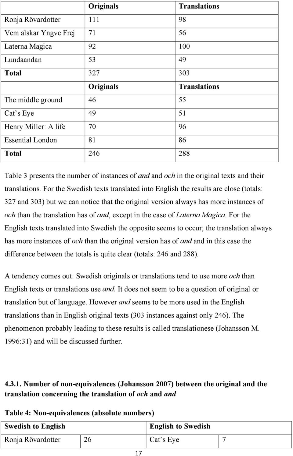 For the Swedish texts translated into English the results are close (totals: 327 and 303) but we can notice that the original version always has more instances of och than the translation has of and,