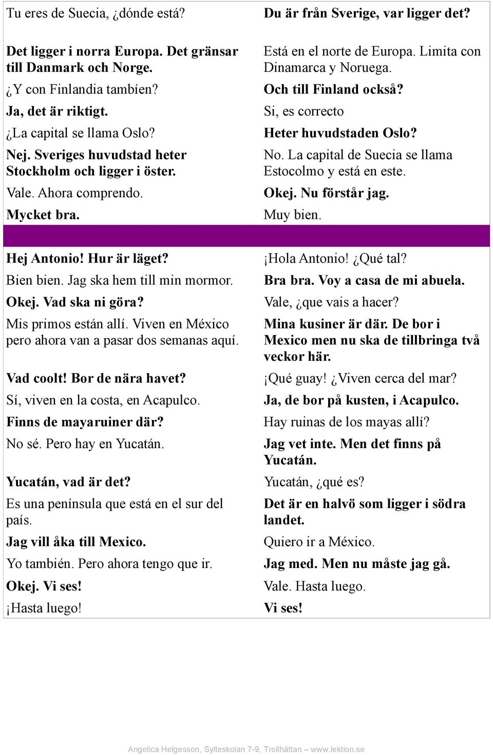 Si, es correcto Heter huvudstaden Oslo? No. La capital de Suecia se llama Estocolmo y está en este. Okej. Nu förstår jag. Muy bien. Hej Antonio! Hur är läget? ien bien. Jag ska hem till min mormor.