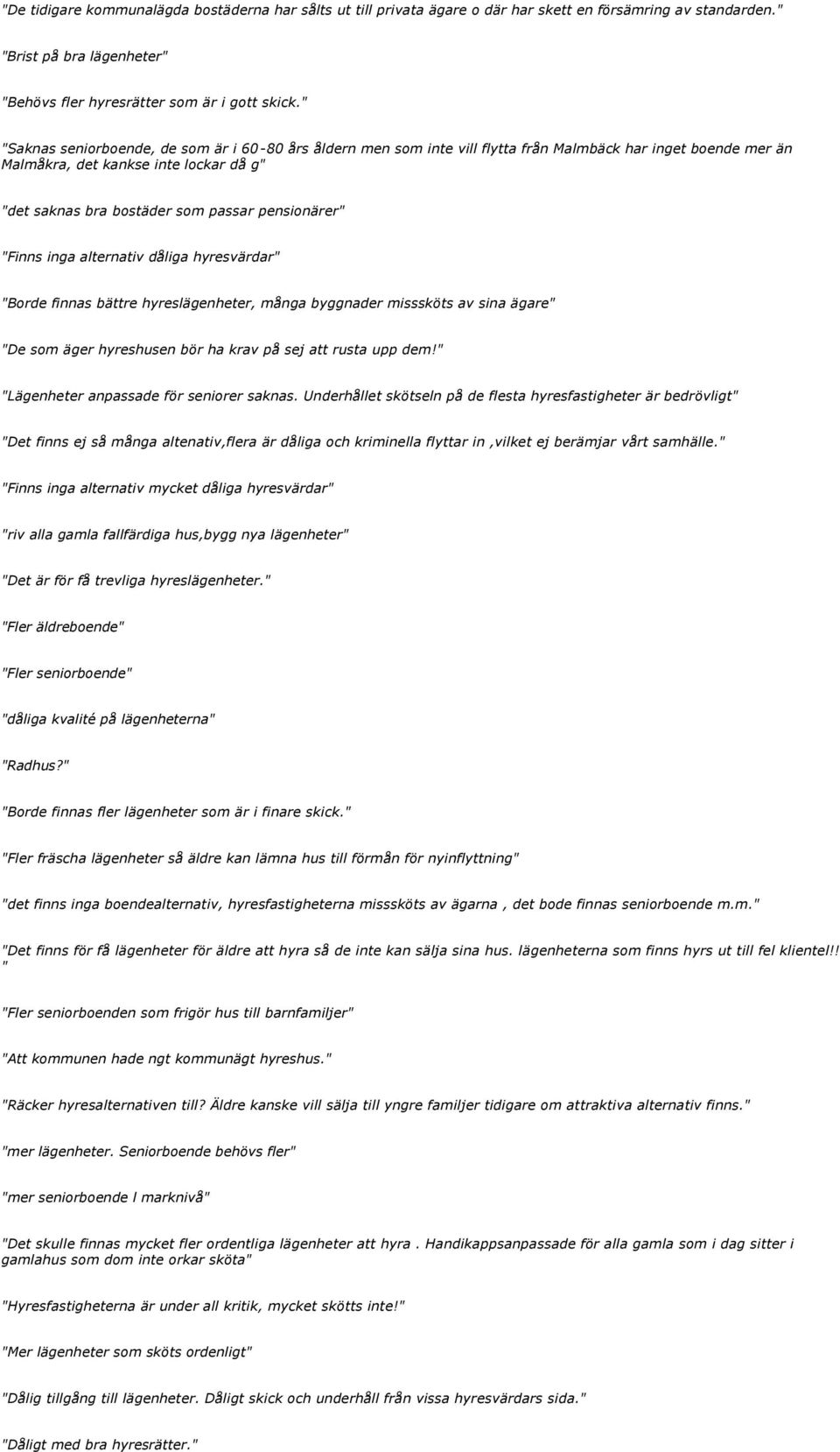 " "Saknas seniorboende, de som är i 60 80 års åldern men som inte vill flytta från Malmbäck har inget boende mer än Malmåkra, det kankse inte lockar då g" "det saknas bra bostäder som passar