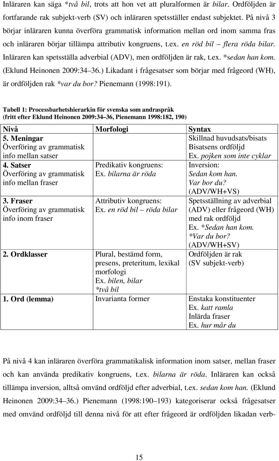 Inläraren kan spetsställa adverbial (ADV), men ordföljden är rak, t.ex. *sedan han kom. (Eklund Heinonen 2009:34 36.