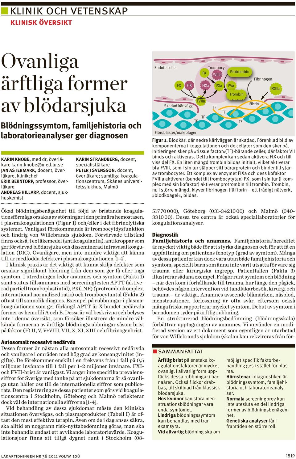 överläkare; samtliga koagulationscentrum, Skånes universitetssjukhus, Malmö Ökad blödningsbenägenhet till följd av bristande koagulationsförmåga orsakas av störningar i den primära hemostasen, i plas