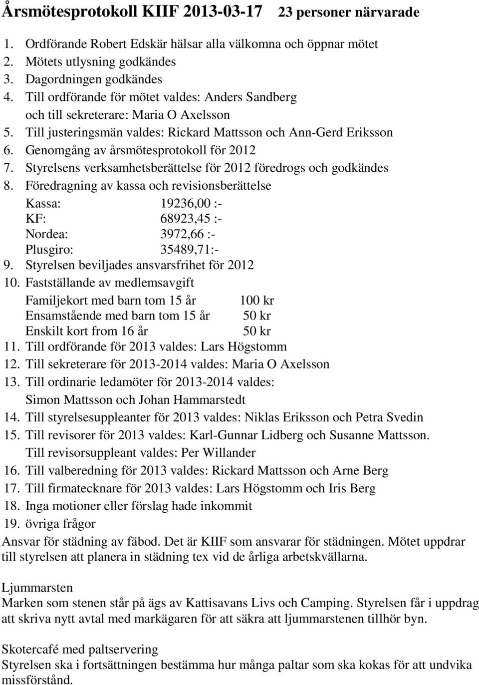 Genomgång av årsmötesprotokoll för 2012 7. Styrelsens verksamhetsberättelse för 2012 föredrogs och godkändes 8.