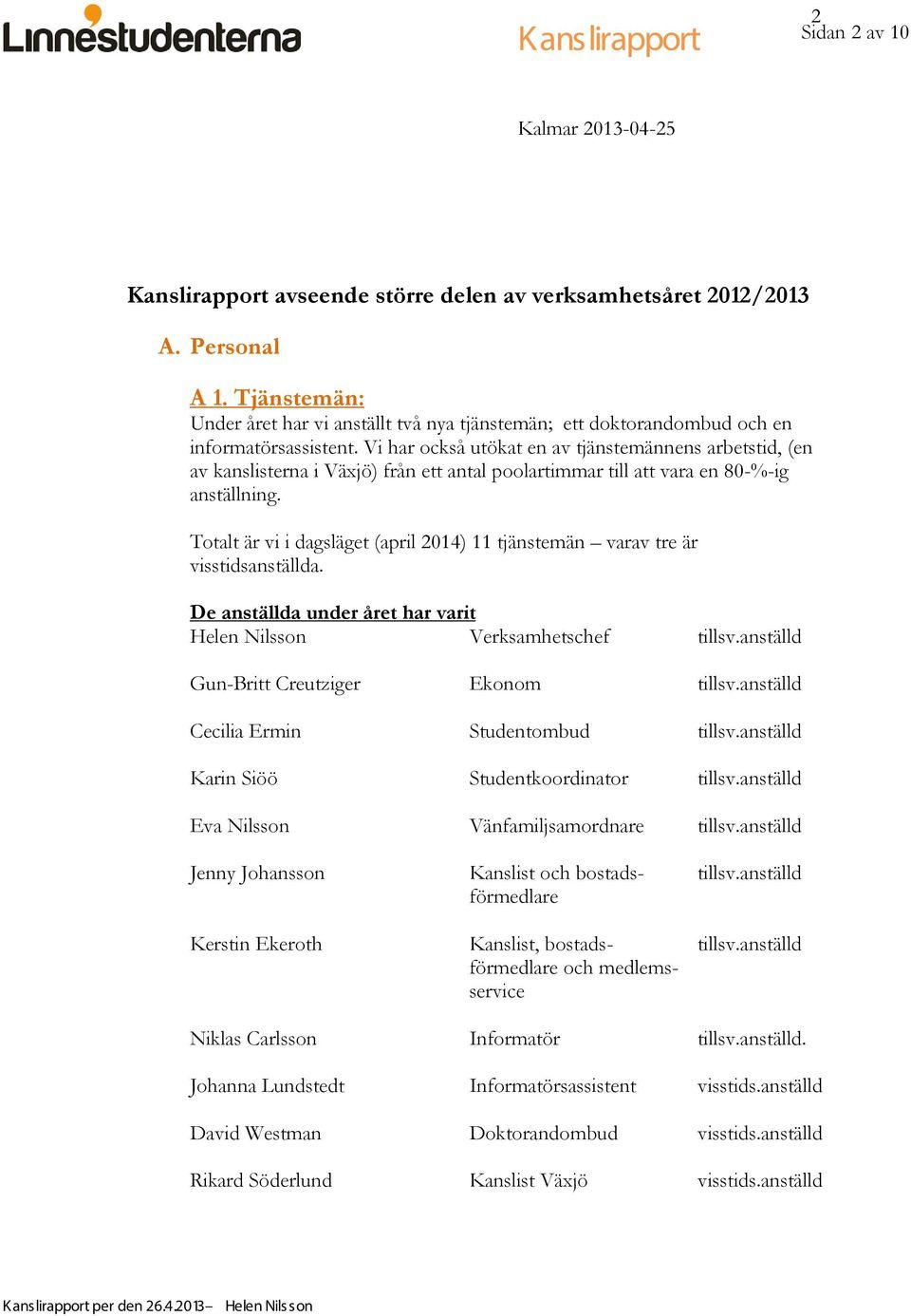 Vi har också utökat en av tjänstemännens arbetstid, (en av kanslisterna i Växjö) från ett antal poolartimmar till att vara en 80-%-ig anställning.