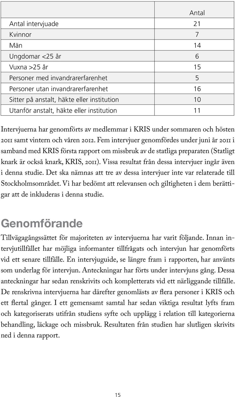 Fem intervjuer genomfördes under juni år 2011 i samband med KRIS första rapport om missbruk av de statliga preparaten (Statligt knark är också knark, KRIS, 2011).