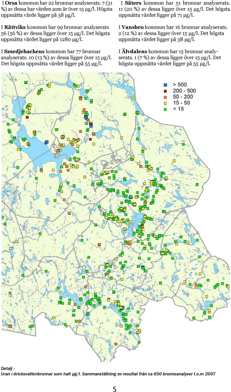 10 (13 %) av dessa ligger över 15 μg/l. Det högsta uppmätta värdet ligger på 55 μg/l. I Säters kommun har 51 brunnar analyserats. 11 (20 %) av dessa ligger över 15 μg/l.