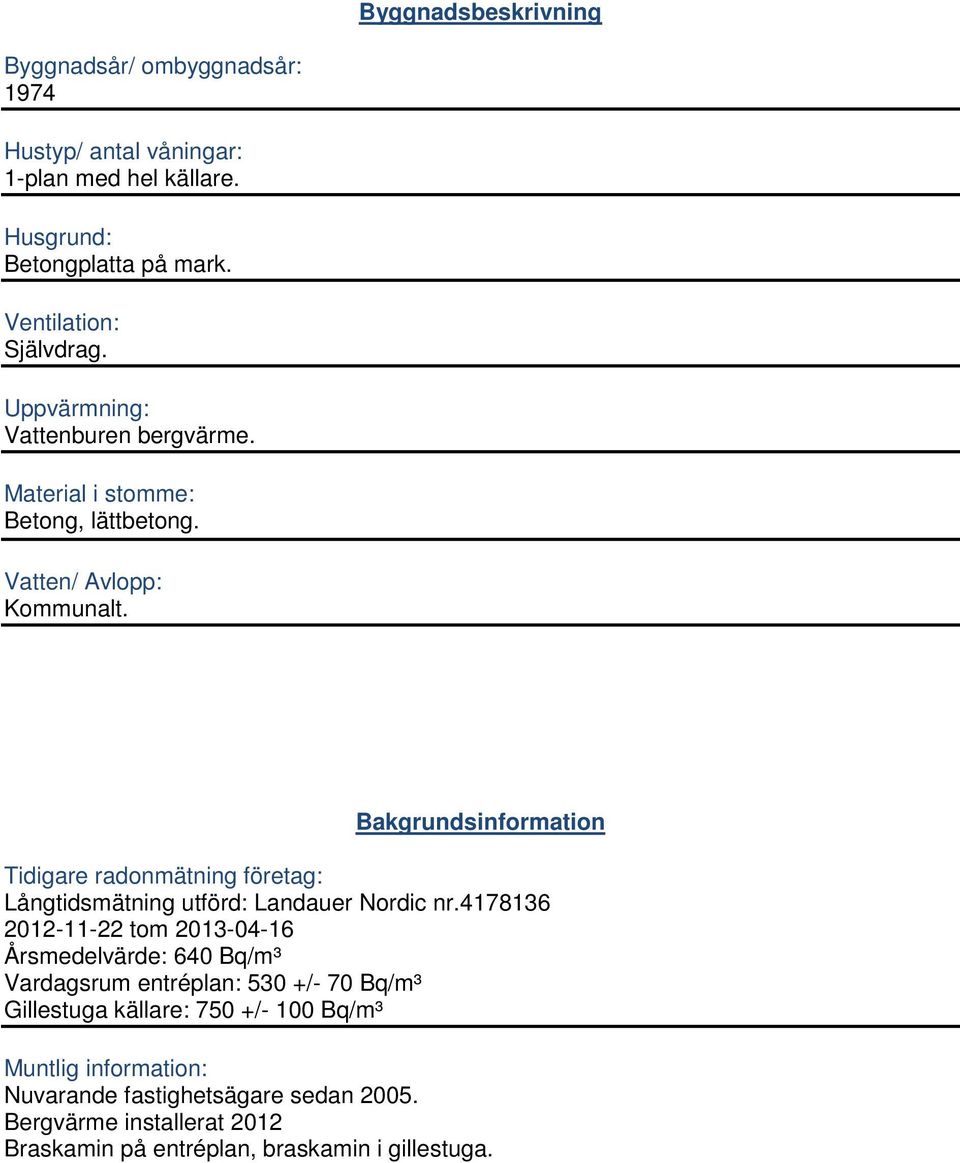 Bakgrundsinformation Tidigare radonmätning företag: Långtidsmätning utförd: Landauer Nordic nr.