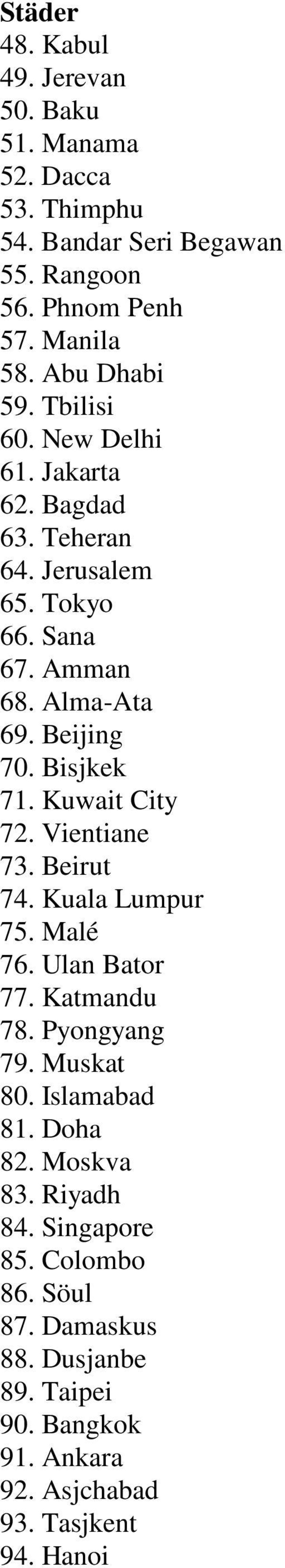 Bisjkek 71. Kuwait City 72. Vientiane 73. Beirut 74. Kuala Lumpur 75. Malé 76. Ulan Bator 77. Katmandu 78. Pyongyang 79. Muskat 80. Islamabad 81.